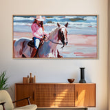 Cowgirl in Pink Shirt Riding Horse by the Sea, Beautiful Framed Canvas Print, Coastal Living Room Art, Beach Bedroom Decor, Horse Art