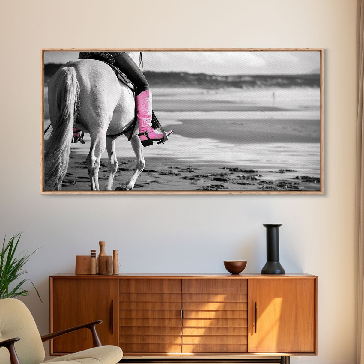 Beach Horseback Rider with Pink Boots, Delightful Framed Canvas Print, Ideal for Living Room or Bedroom Wall Art