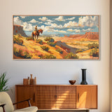 Horseback Rider in Desert Landscape, Perfect for Living Room Art, Framed Canvas Print, Western Wall Art, Home and Bedroom Decor