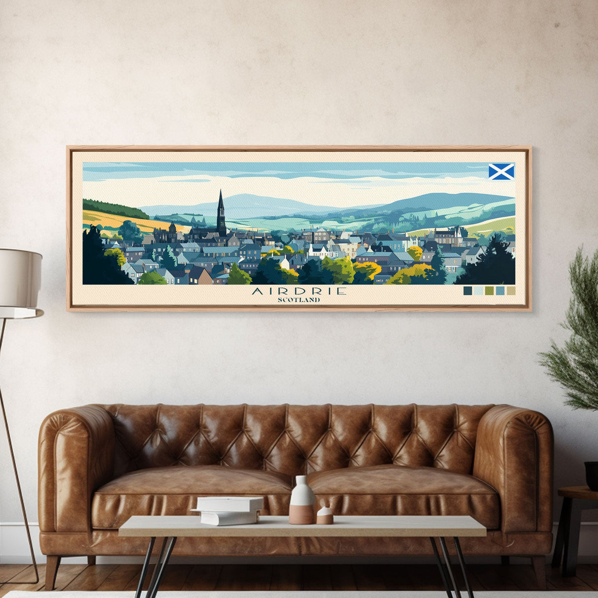 Airdrie, Scotland Travel Poster Panoramic Canvas Print, Airdrie, Scotland Painting, Scotland Art, Airdrie Travel Art, Guest Room Painting