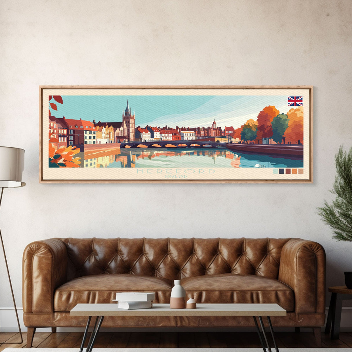 Hereford, England Travel Poster Panoramic Canvas Print, Hereford, England Painting, England Art, Hereford Travel Art, Guest Room Painting