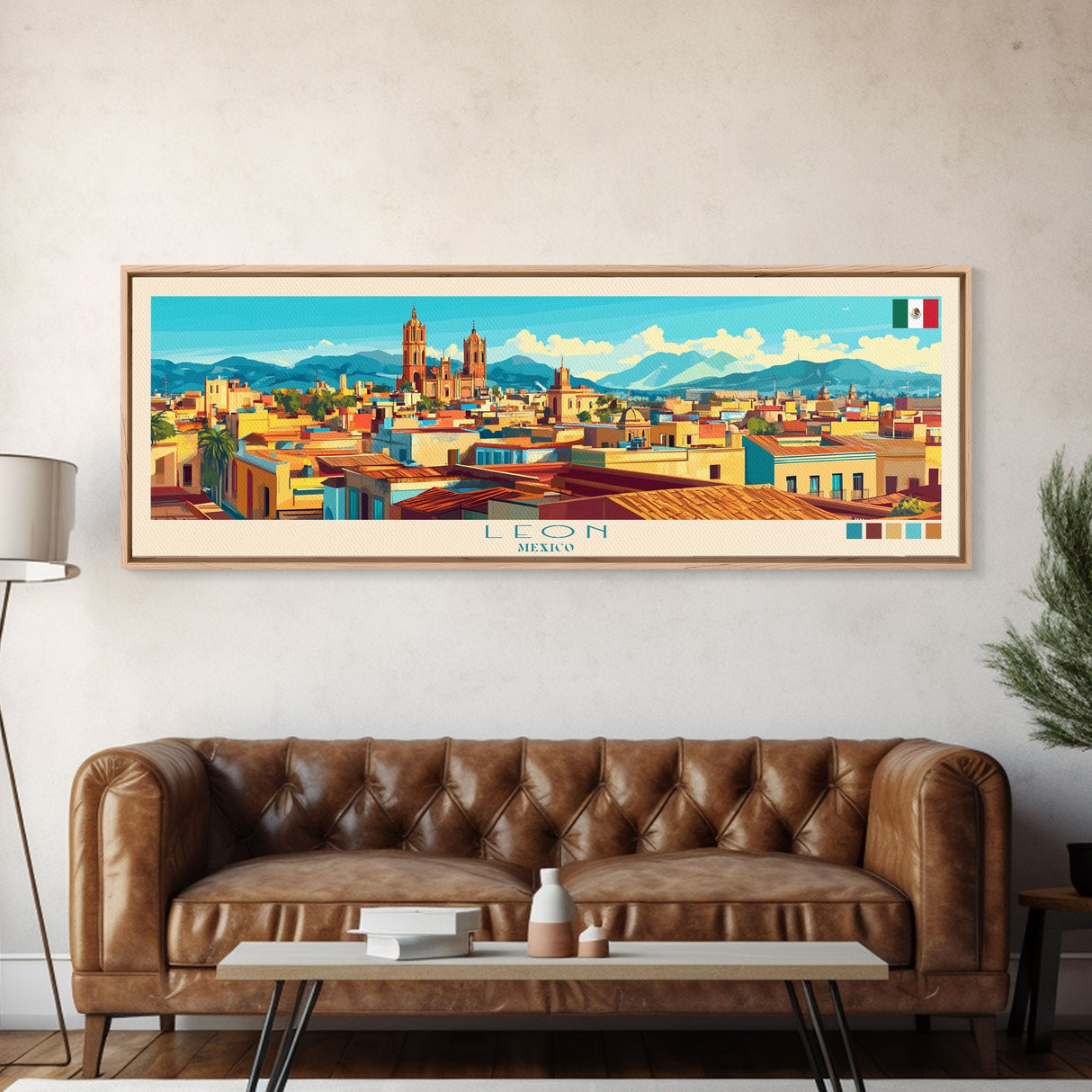 Leon, Mexico Panoramic Travel Poster Canvas Print, Leon, Mexico Painting, Mexico Art, Leon Travel Art, Guest Room Painting