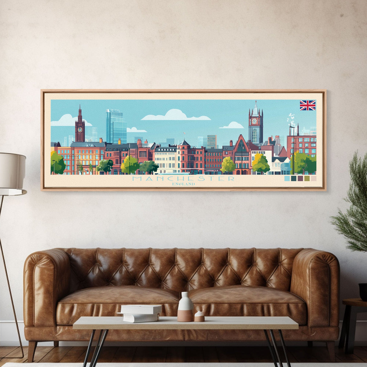 Manchester, England Panoramic Travel Poster Canvas Print, Manchester, England Painting, England Art, Manchester Travel Art, Guest Room Painting