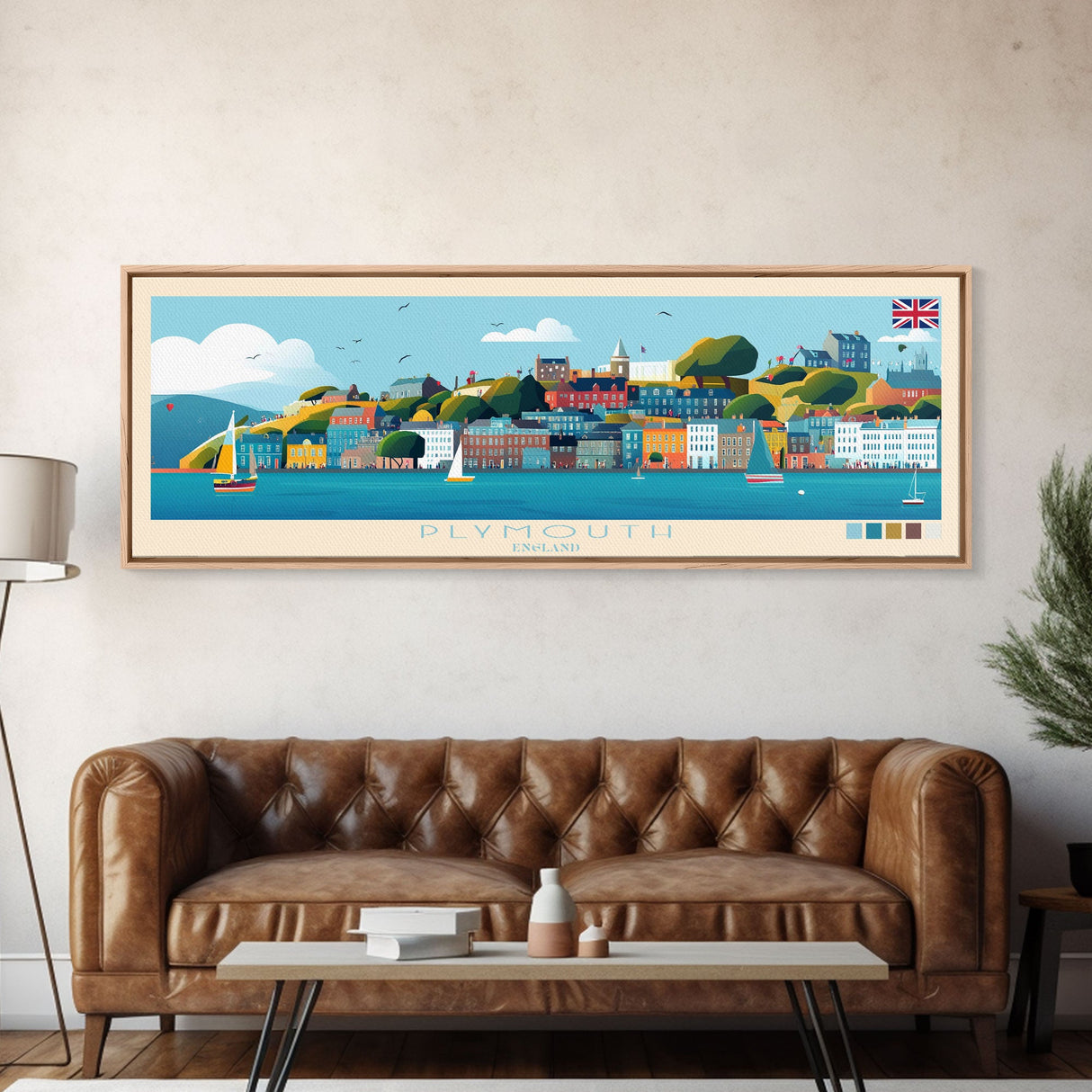 Plymouth, England Panoramic Travel Poster Canvas Print, Plymouth, England Painting, England Art, Plymouth Travel Art, Guest Room Painting