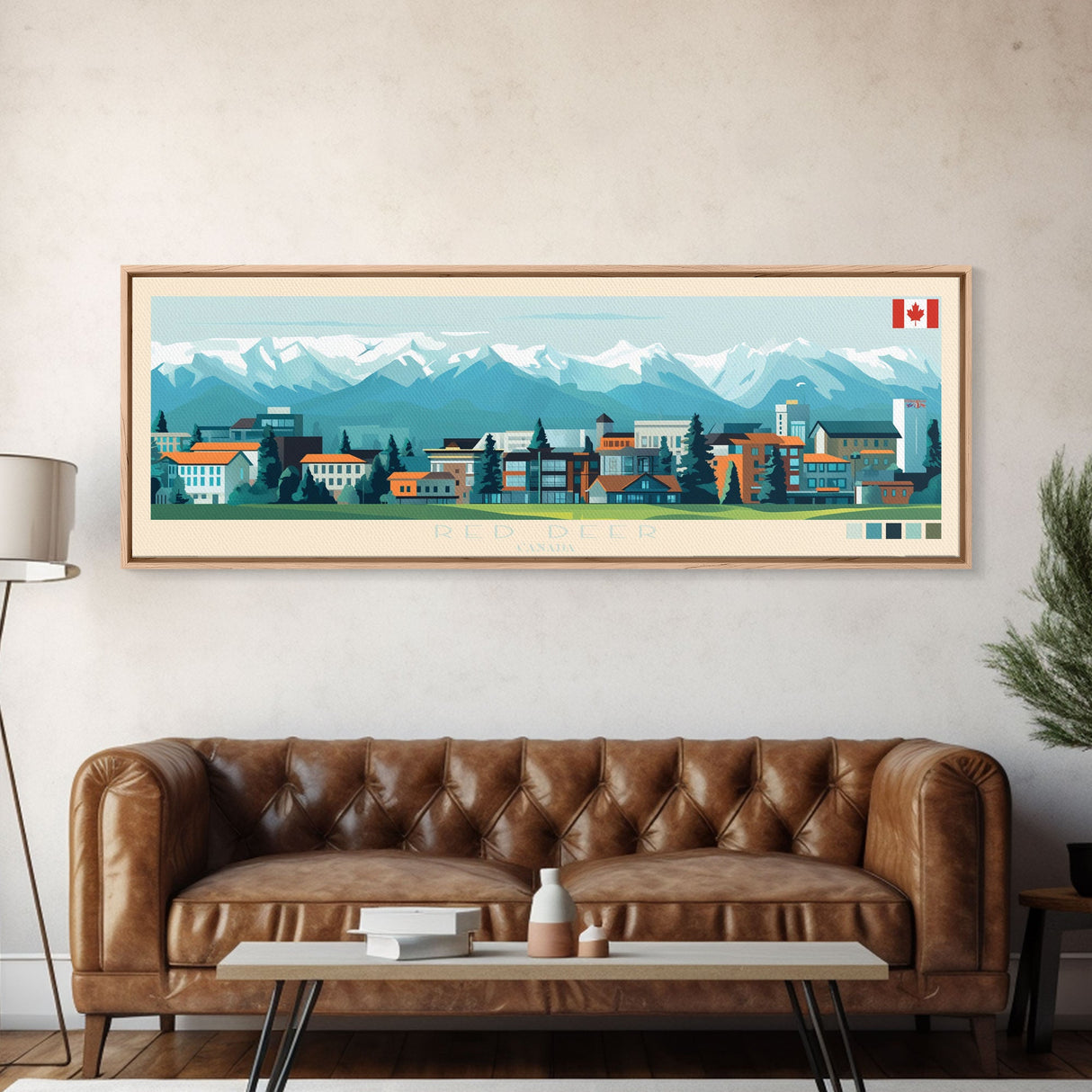 Red Deer, Canada Travel Poster Panoramic Canvas Print, Red Deer, Canada Painting, Canada Art, Red Deer Travel Art, Guest Room Painting