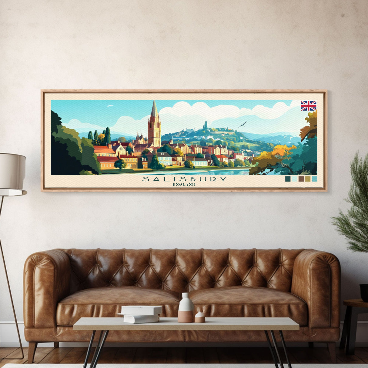 Panoramic Travel Poster Salisbury, England Canvas Print, Salisbury, England Painting, England Art, Salisbury Travel Art, Guest Room Painting