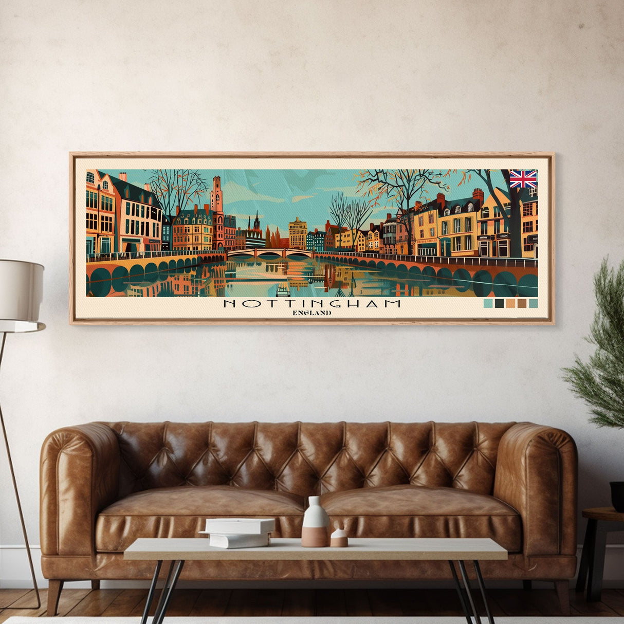 Nottingham, England Panoramic Canvas Print, Nottingham, England Painting, England Art, Nottingham Travel Poster, Travel Art, Living Room Painting