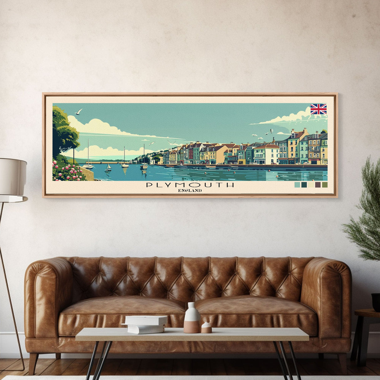 Plymouth, England Panoramic Canvas Print, Plymouth, England Painting, England Art, Plymouth Travel Poster, Travel Art, Guest Room Painting