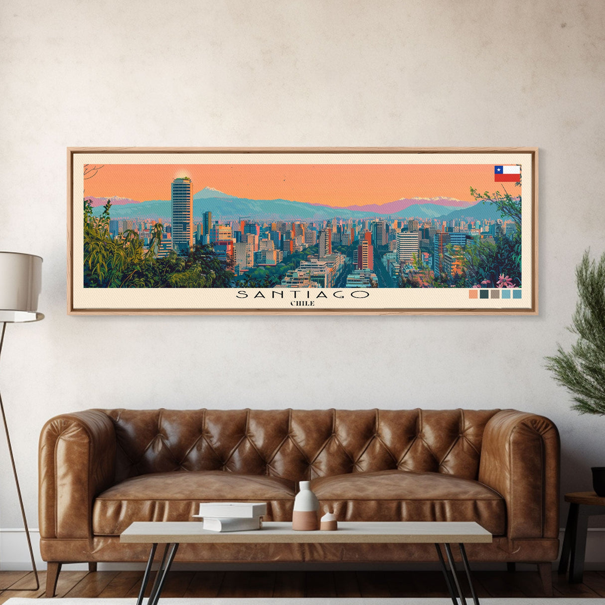 Santiago, Chile Panoramic Canvas Print, Santiago, Chile Painting, Chile Art, Santiago Travel Poster, Travel Art, Vacation Gift