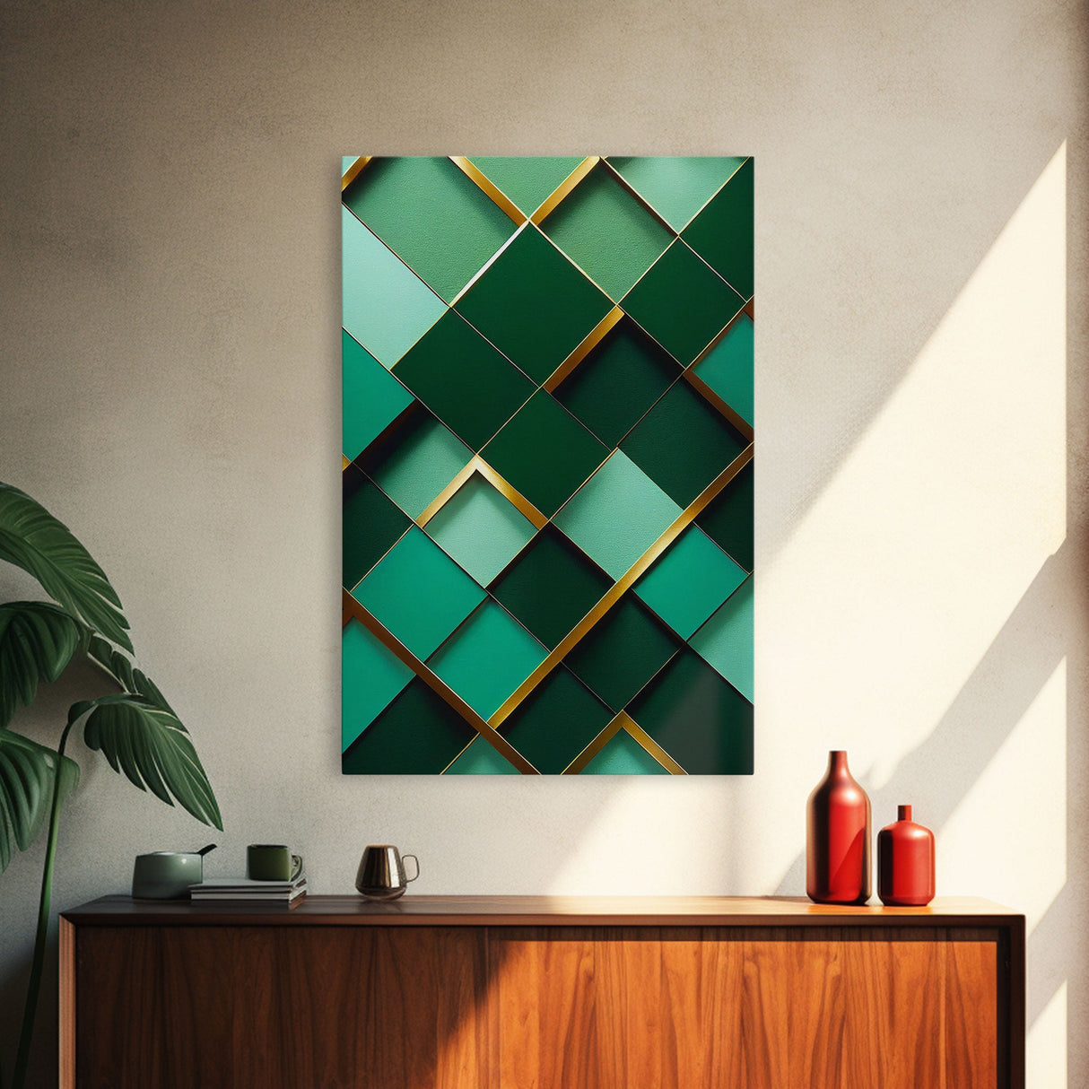 Emerald Green Geometric Abstract Art, Framed Canvas Print, Ready To Hang Framed Wall Art, Living Room Wall Hanging