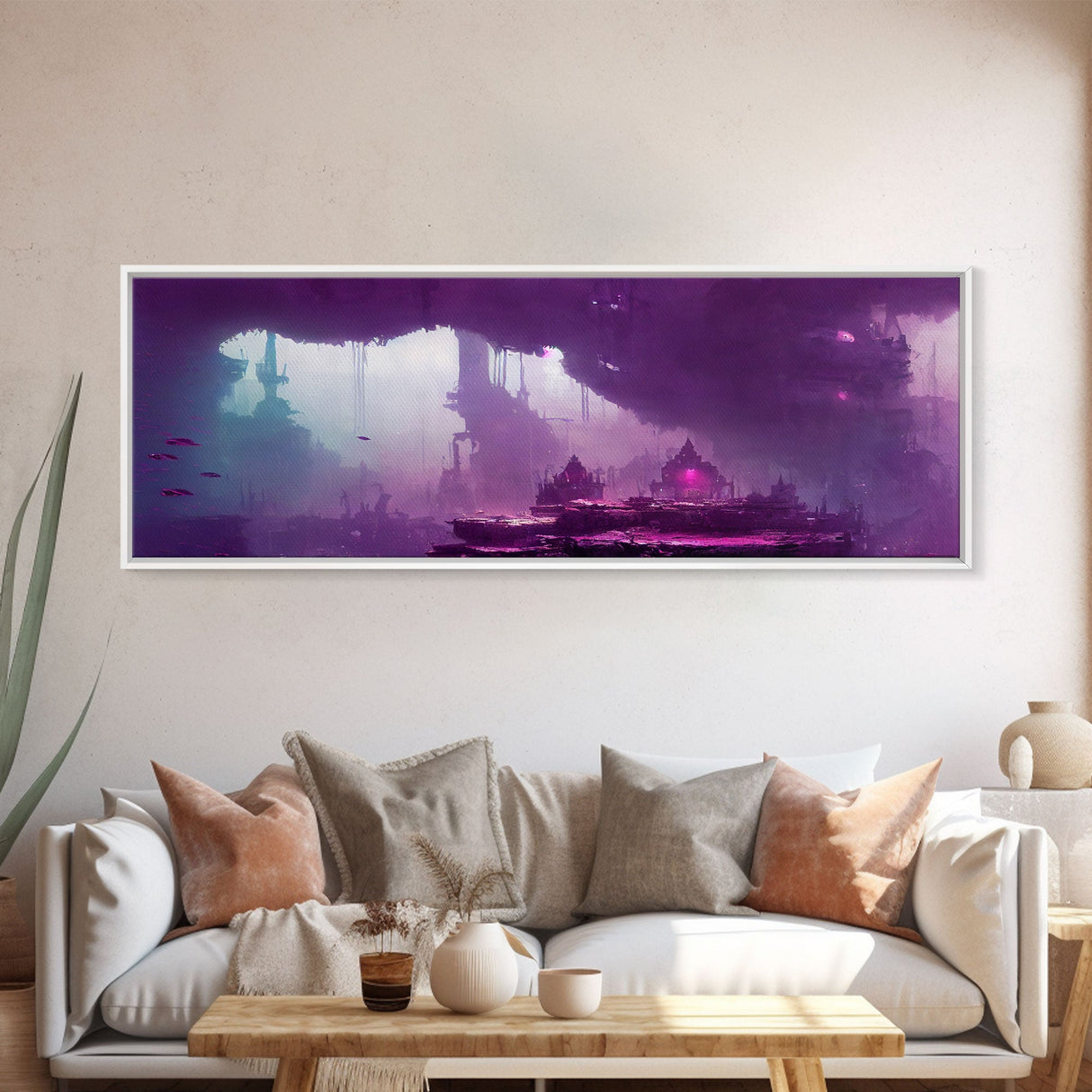 Panoramic Fantasy Underwater City, Purple Art, Extra Large Wall Art, Framed Panoramic Canvas Print, Framed Wall Decor