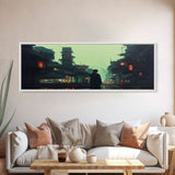 80s style Cyberpunk Japanese City, Retro Punk Tokyo, Framed Canvas Print, Framed Wall Art, Large Panoramic Wall Decor