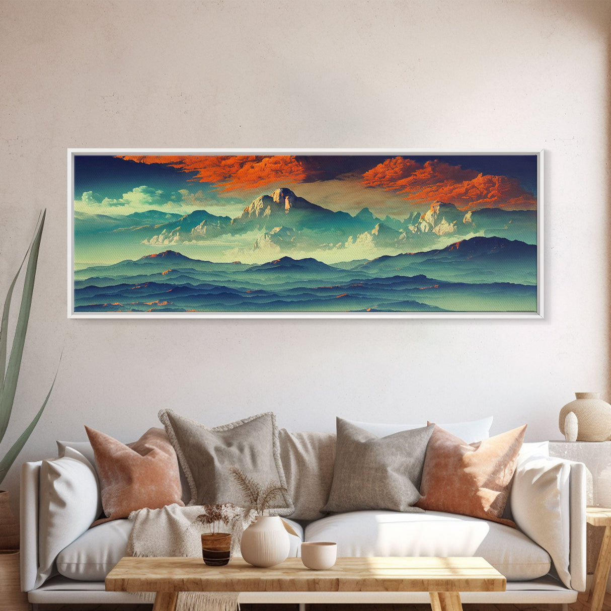 Beautiful Fantasy Mountain Landscape With Orange Clouds, Framed Canvas Print, Ready To Hang Panoramic Wall Decorr