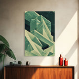 Cubism abstract geometric painting print, green marble shapes, framed canvas print