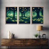 Fantasy forest wall decor, ready to hang 3 piece canvas print, 3 piece wall art, firefly wall art, Fireflies In A Fairy Forest at Night