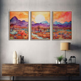 Black Framed 3 Piece Wall Art, Southwestern Desert Scene at Sunset, Minimalist Wall Art, MCM Style Midcentury Wall Decor, Above Sofa Art