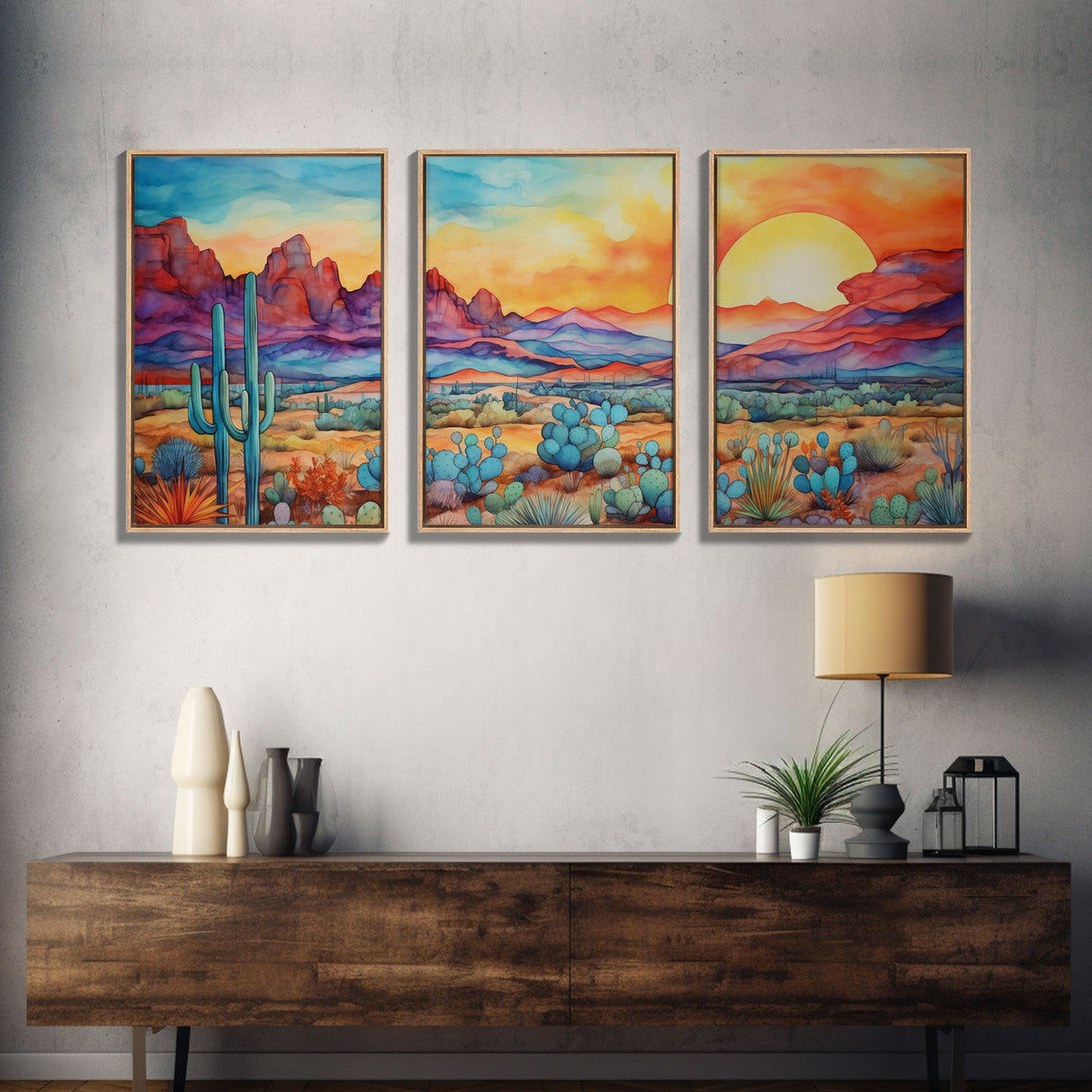 Southwestern Room Decor, Retro Desert Art, Set Of 3, Framed Canvas Prints, Wall Decor, Nursery Decor, Living Room Decor, Home Decor