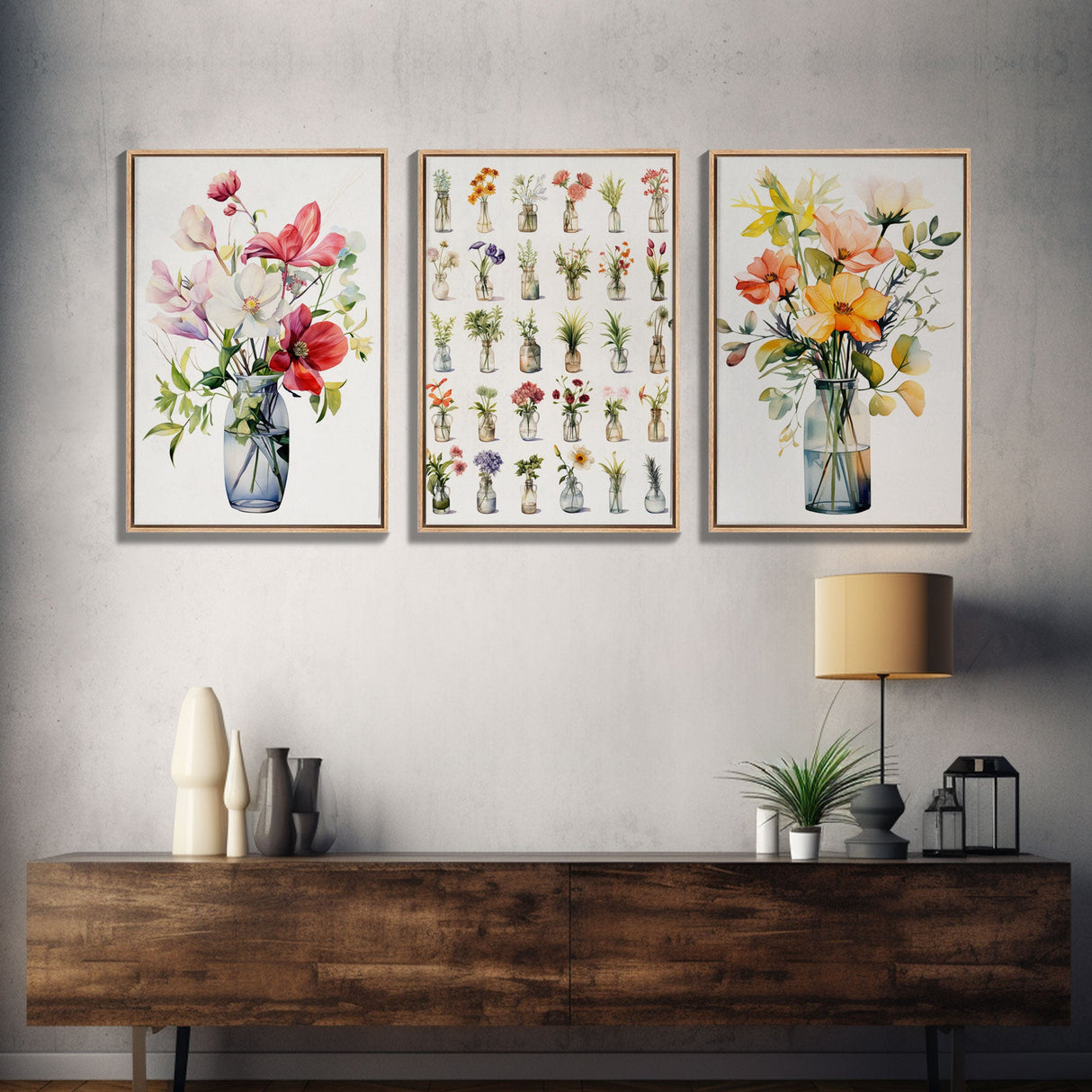 3 Piece Set, Cute Kawaii Floral Print, Flowers In Vases, Framed Wall Art, Canvas Print, Botanical Wall Decor, Dried Flower Large Triptych