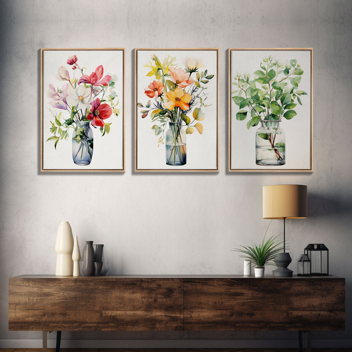 3 Piece Set, Cute Kawaii Floral Print, Flowers In Vases, Framed Wall Art, Canvas Print, Botanical Wall Decor, Boho Kitchen Art, French Art