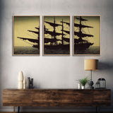 Haunted ghost pirate ship aloft in the sea, 3 piece canvas, 3 piece wall art, living room above sofa art