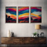 Psychedelic sunrise, beautiful colorful wall art, 3 piece canvas print, three piece wall art, living room above the couch art