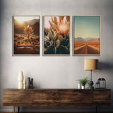 3 Piece Triptych Framed Canvas Wall Art Set of 3 Cactus Desert Landscape Arizona Road Photography Prints Minimalist Modern Art Western Decor