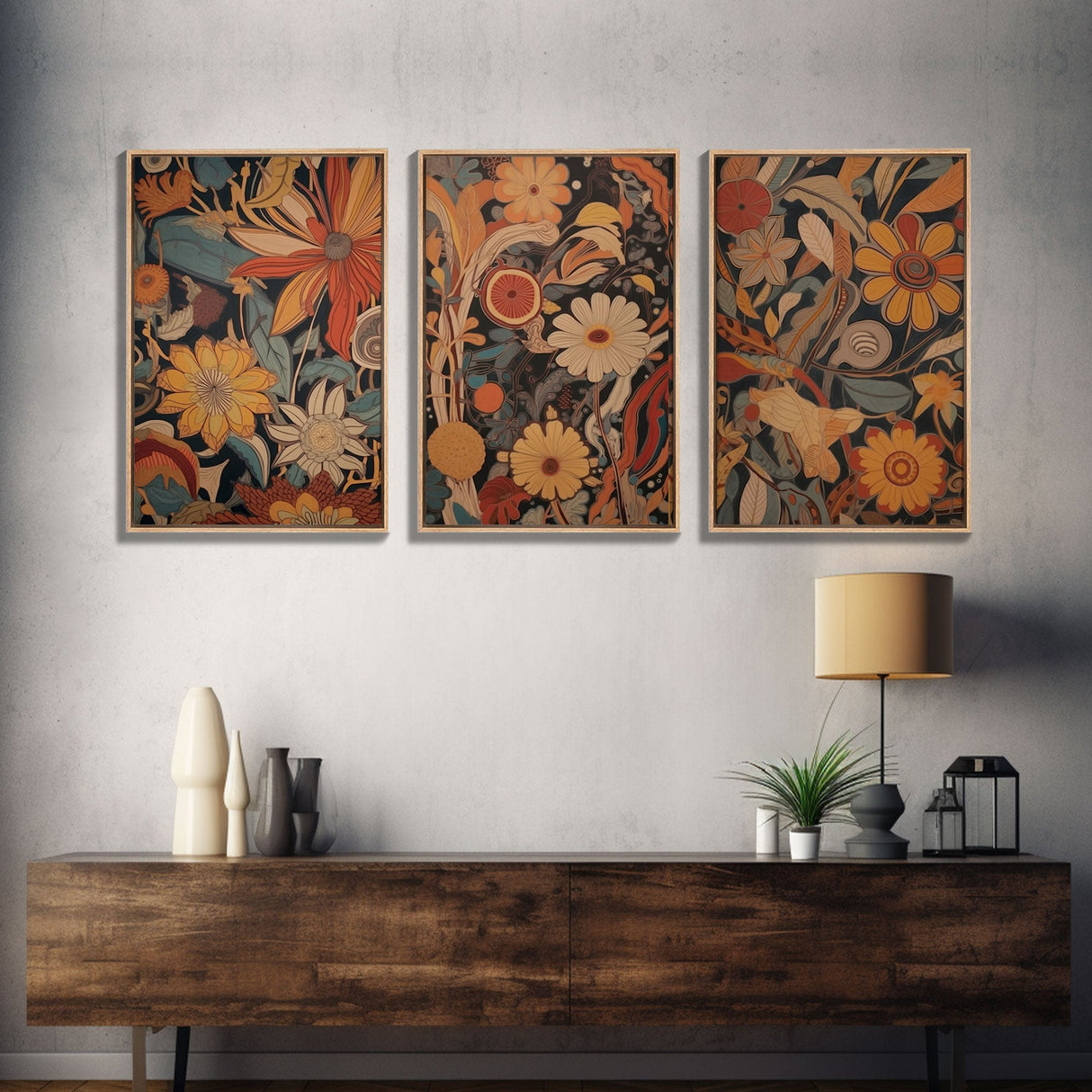 Midcentury Modern Framed Canvas Wall Art Set Flowers Bouquet Floral Botanical Prints Art Boho Wall Decor, Retro Wall Art, Minimalist Decor