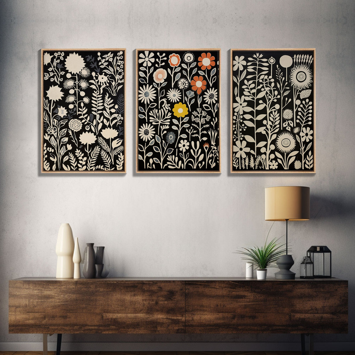 Boho Style Framed Wall Art 3 Panel Set, Abstract Floral Botanical Prints, Minimalist Midcentury Modern Art, Boho Wall Decor