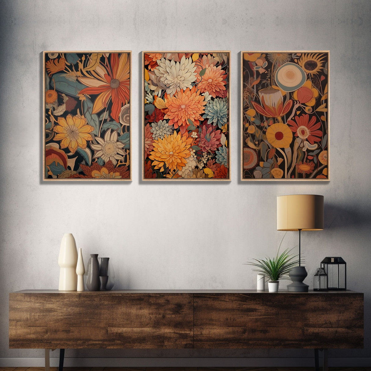 Boho Style Wall Art, Framed Canvas Print 3 Piece Set, Boho Chic, Gifts For Girlfriend, Boho Home Decor, Botanical Floral Art, Botanical Art