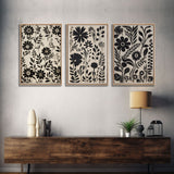 Black and White Floral Print, 3 Piece Framed Canvas Art, Boho Rustic Farmhouse Decor, Living Room Art, Minimalist Wall Art