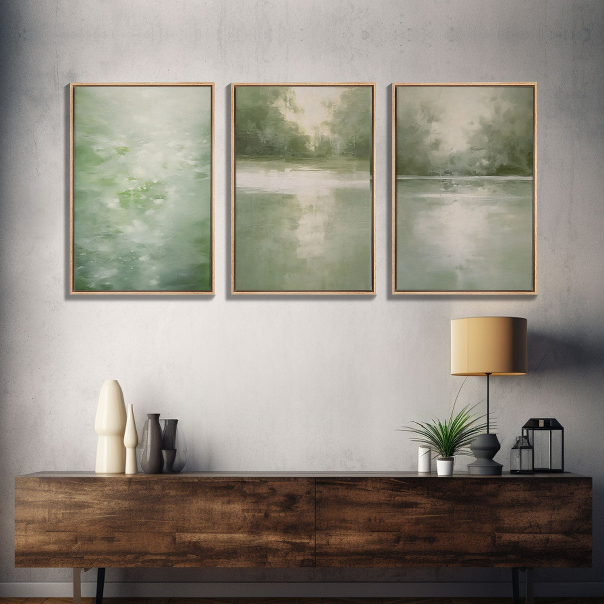 Framed Canvas Wall Art Set of 3 Green Abstract Landscape Print Modern Art Minimalist Decor, Boho Wall Art, Country Decor, Mint Green Art