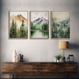 Triptych Framed Canvas Wall Art Set of 3 Green Forest Mountain Nature Landscape Prints Minimalist Modern Art, Woodland Nursery Decor