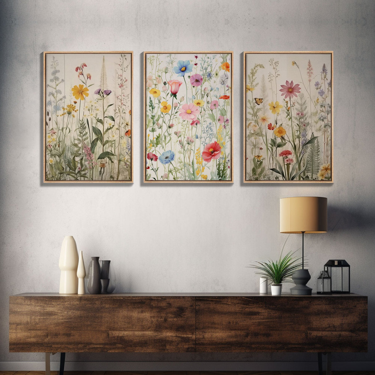 Minimalist Boho Farmhouse 3 Piece Wildflower Canvas Print, Framed Wall Art, Modern Rustic Decor, Living Room Art, Home Decor Wall Hanging