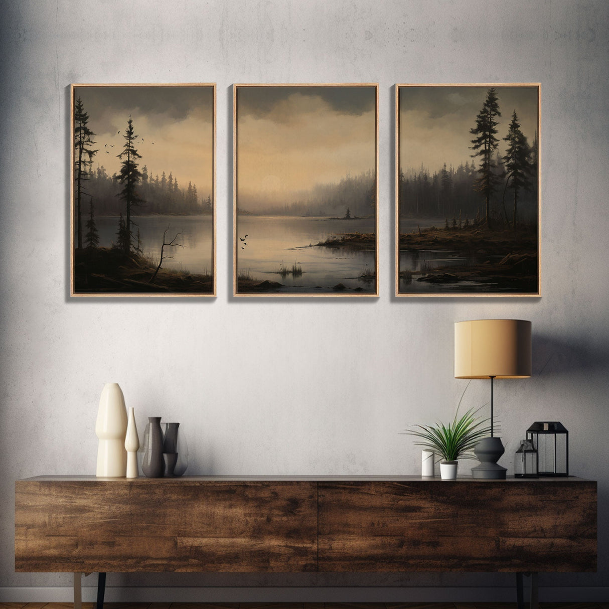 Moody 3 Piece Canvas Wall Art, Solumn PNW Lake At Sunset, Framed Canvas Print 3 Panel Set, Original Landscape Painting, Pacific Northwest