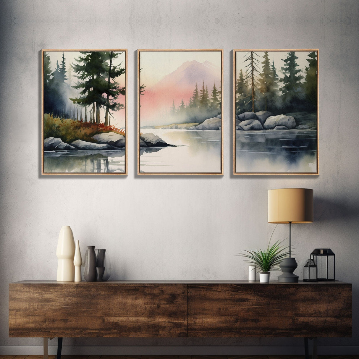 Framed Canvas Wall Art Set of 3 Pastel Mountain Range Lake Nature Landscape Prints Minimalist Modern Art Woodland Nursery Decor Office Art