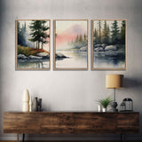 Framed Canvas Wall Art Set of 3 Pastel Mountain Range Lake Nature Landscape Prints Minimalist Modern Art Woodland Nursery Decor Office Art