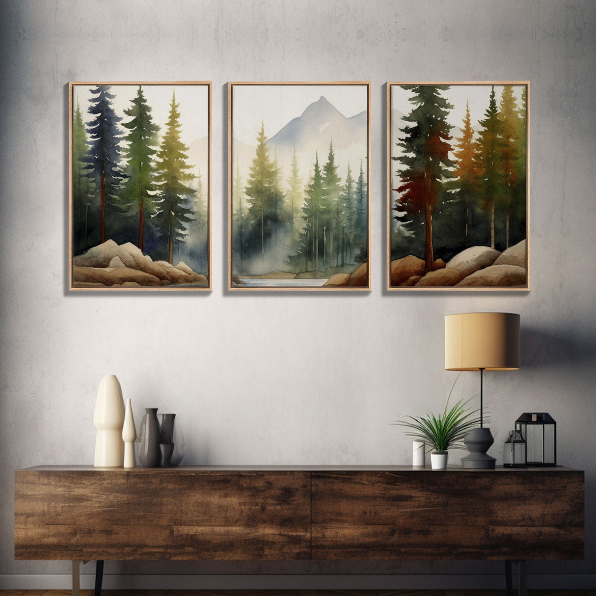 3 Panel Framed Canvas Print Wall Art Set of 3 Emerald Green Mountain Forest Lake Landscape Minimalist Modern Art Nature Wall Decor Pine Tree