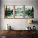 3 Panel Framed Canvas Print Wall Art Set of 3 Emerald Green Mountain Forest Lake Landscape Minimalist Modern Art Nature Wall Decor Pine Tree