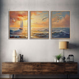 Beautiful Ocean At Sunset 3 Piece Canvas Print Wall Art, Above Sofa, Abstract Art, Modern Art, Minimalism Lakehouse Decor