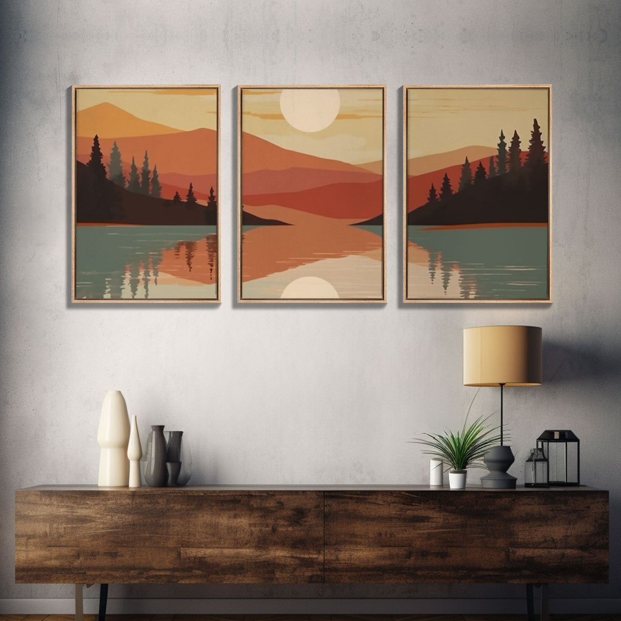 Framed Canvas Wall Art Set of 3 Sunset Forest Landscape Abstract Illustrations Prints Modern Art Minimalist Boho Wall Decor, 3 Piece Art