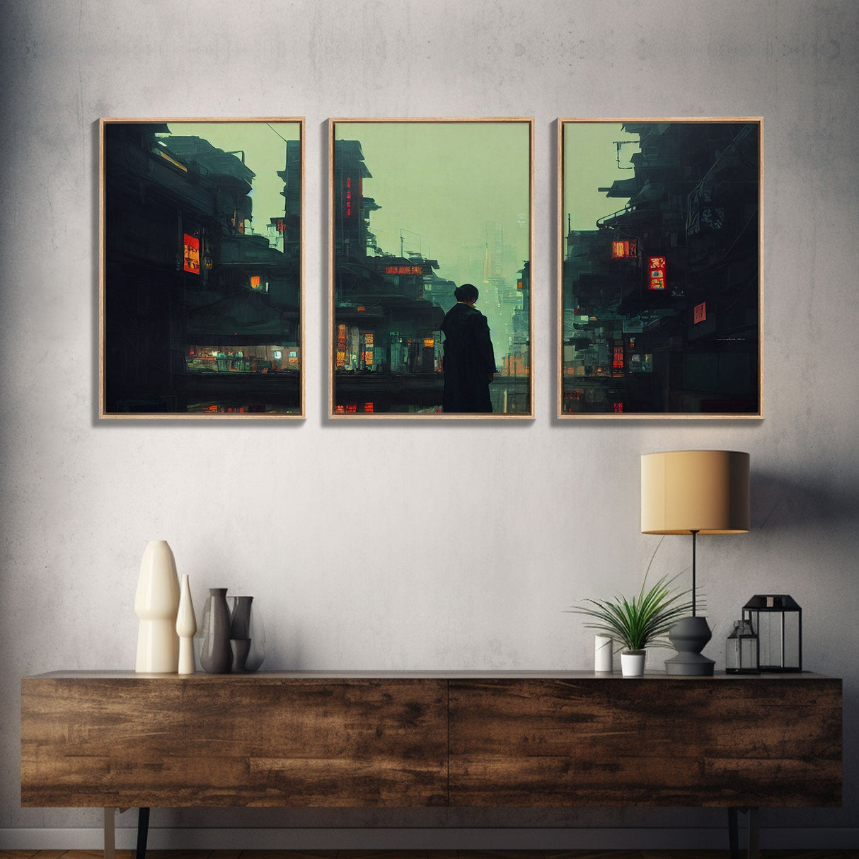 80s Style Cyberpunk Tokyo, Retrofuturism, Dystopian art, 3 piece wall art, 3 piece canvas print