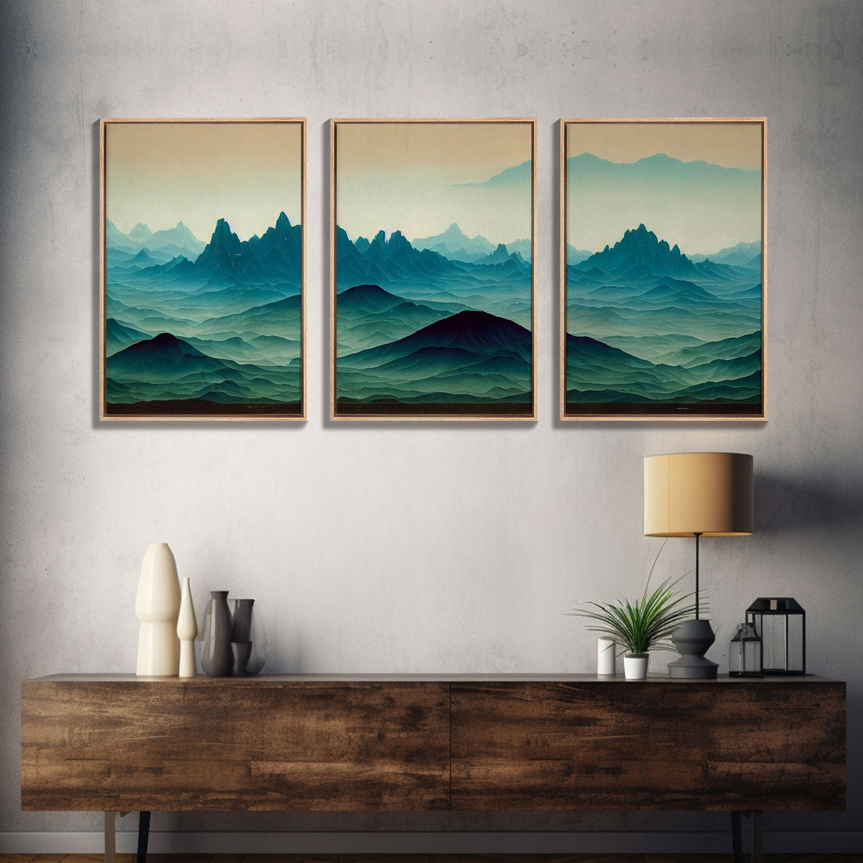 Emerald green rolling hills, fantasy mountains, 3 piece wall art, 3 piece canvas print, cool home wall decor