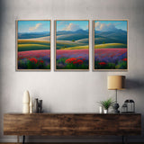 Colorful rolling hills, flower fields, landscape art,  3 piece wall art, 3 piece canvas, cool centerpiece living room wall art