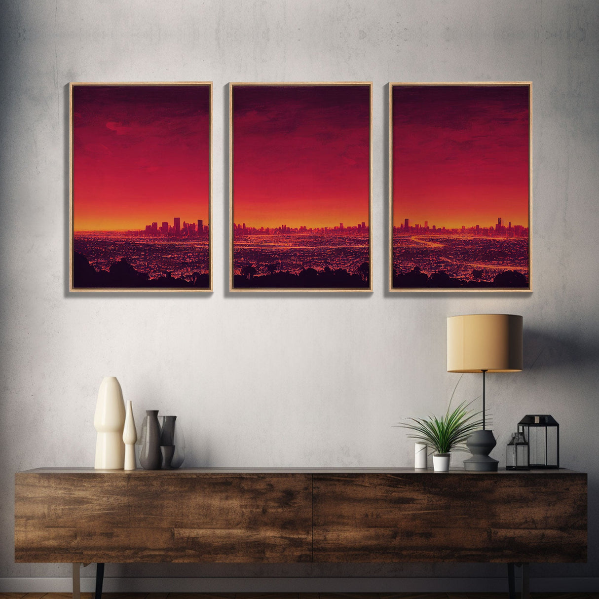 Los Angeles on Fire, Wildfire Art, Abstract City Skyline, 3 piece wall art, 3 piece canvas print