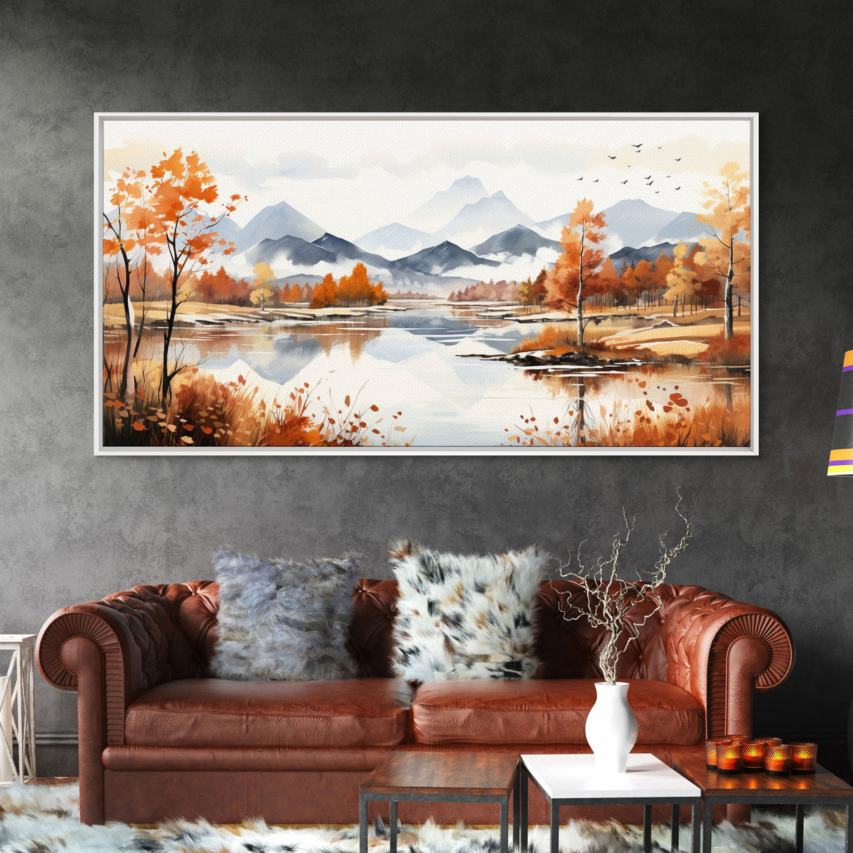 Panoramic Gold Brown Mountain Valley Watercolor Art Print On Canvas, Misty Rolling Hills Landscape Painting, Extra Large  Wall Art