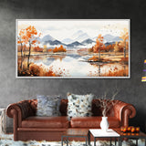 Panoramic Gold Brown Mountain Valley Watercolor Art Print On Canvas, Misty Rolling Hills Landscape Painting, Extra Large  Wall Art