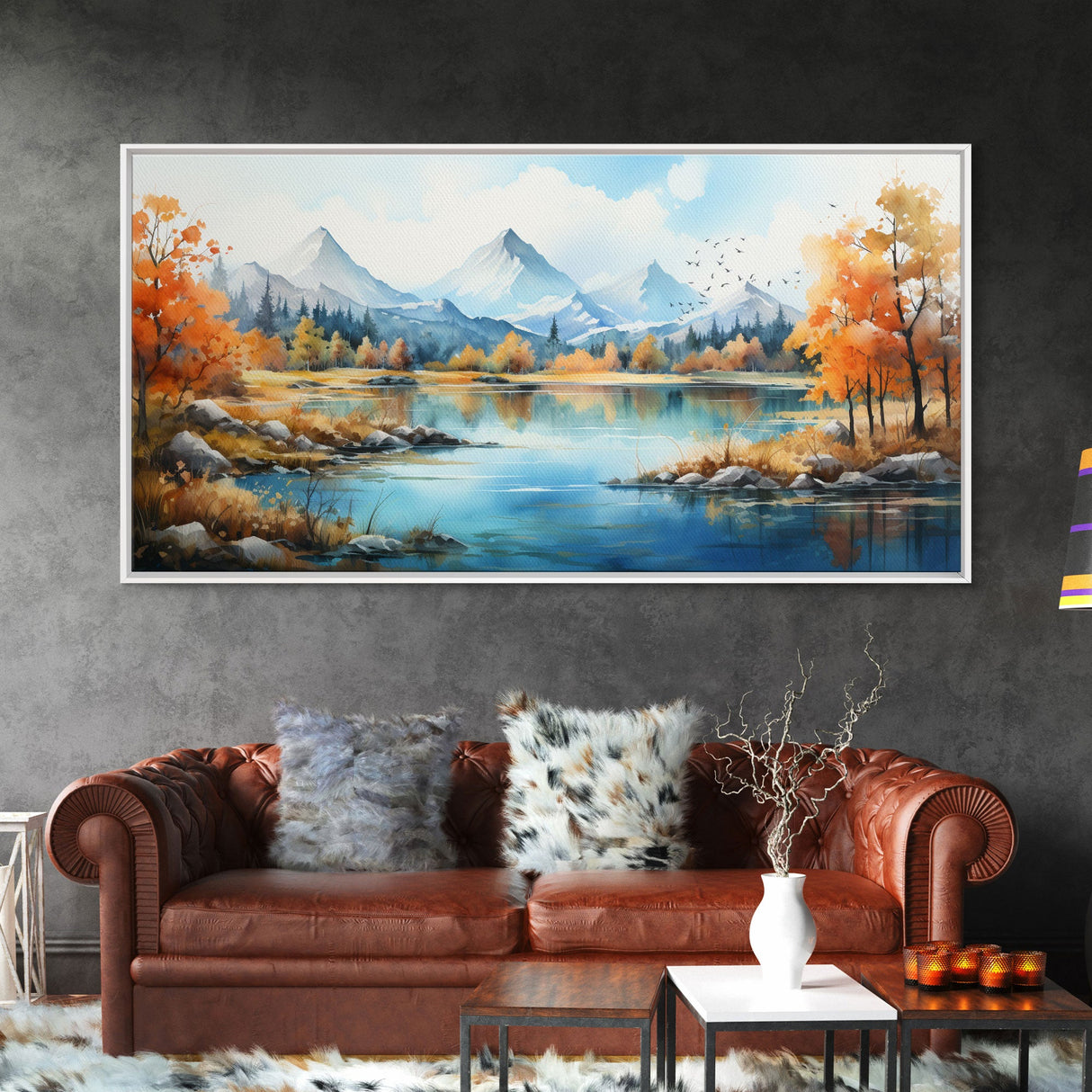 Panoramic Gold Brown Mountain Valley Watercolor Art Print On Canvas, Misty Rolling Hills Landscape Painting, Extra Large  Wall Art