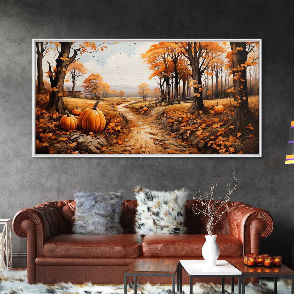 Pumpkin Wall Art, Fall Wall Decor, Nature Art, Trees Art, Canvas Print, Wall Hanging, Panoramic Art, Country Home Decor, Office Prints