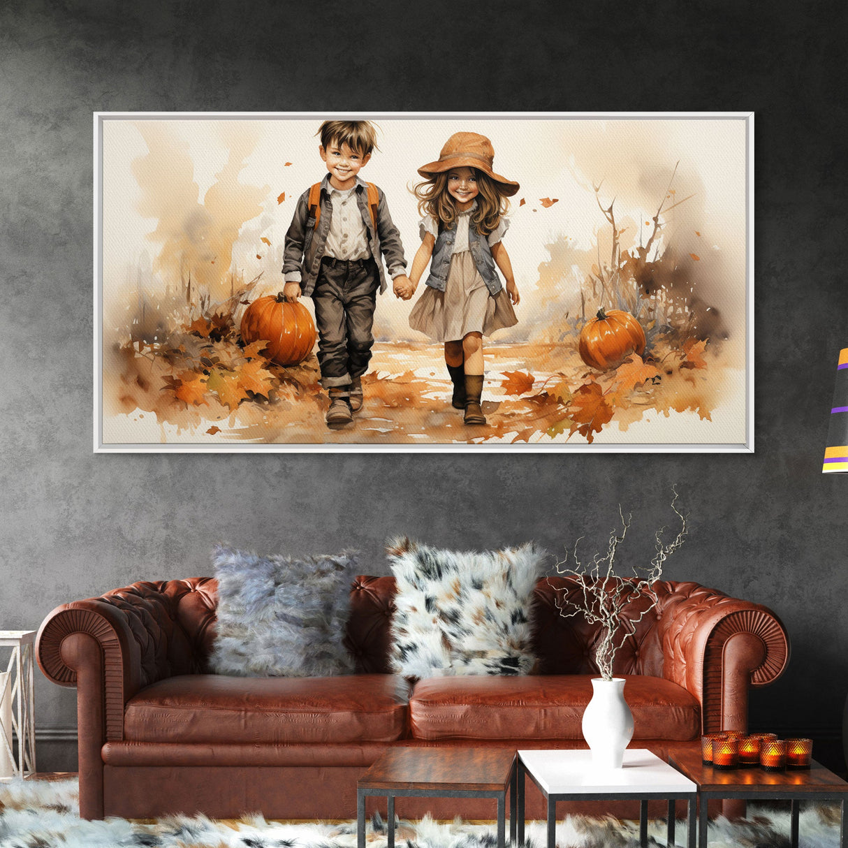 Boy And Girl Holding Hands, Fall Wall Decor, Canvas Print, Wall Hanging, Panoramic Art, Kids Wall Art, Nursery Wall Art, Gifts For Grandma