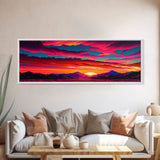 Panoramic Framed Canvas Print | Desert Mountain Landscape Synthwave Sunset | Living Room, Bedroom, Dining Room, Office